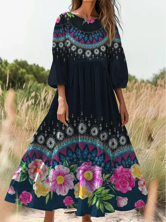 Retro Boho kwiatowy nadruk Vintage chic okrągły dekolt Bawełniana sukienka midi z długim rękawem