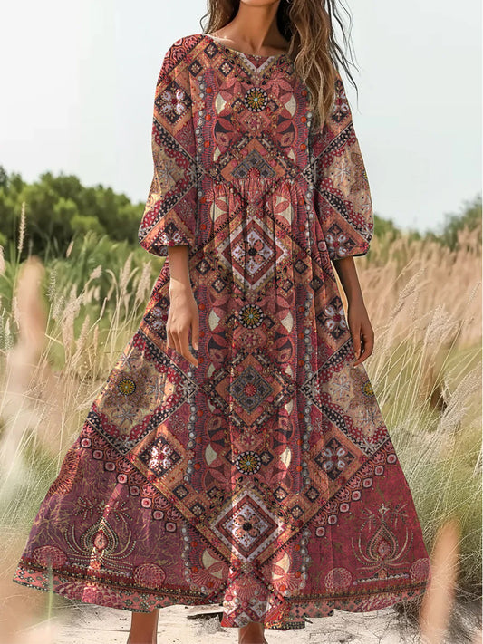 Retro Boho kwiatowy nadruk Vintage chic okrągły dekolt Bawełniana sukienka midi z długim rękawem