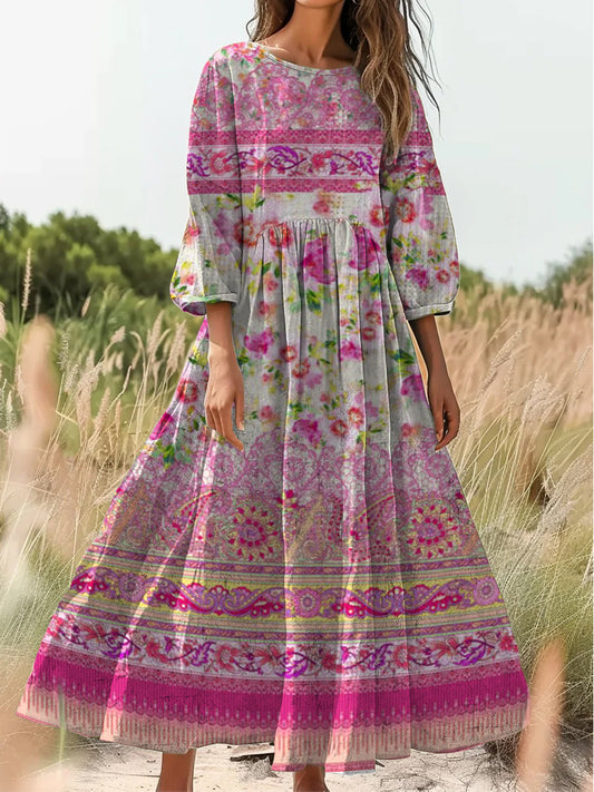 Retro Boho kwiatowy nadruk Vintage chic okrągły dekolt Bawełniana sukienka midi z długim rękawem
