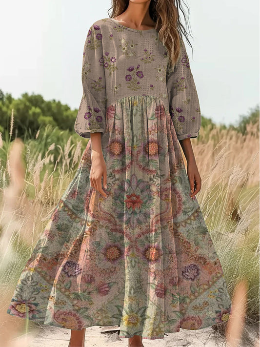 Retro Boho kwiatowy nadruk Vintage chic okrągły dekolt Bawełniana sukienka midi z długim rękawem