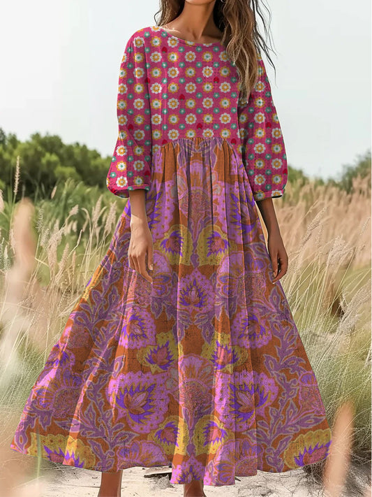 Retro Boho kwiatowy nadruk Vintage chic okrągły dekolt Bawełniana sukienka midi z długim rękawem