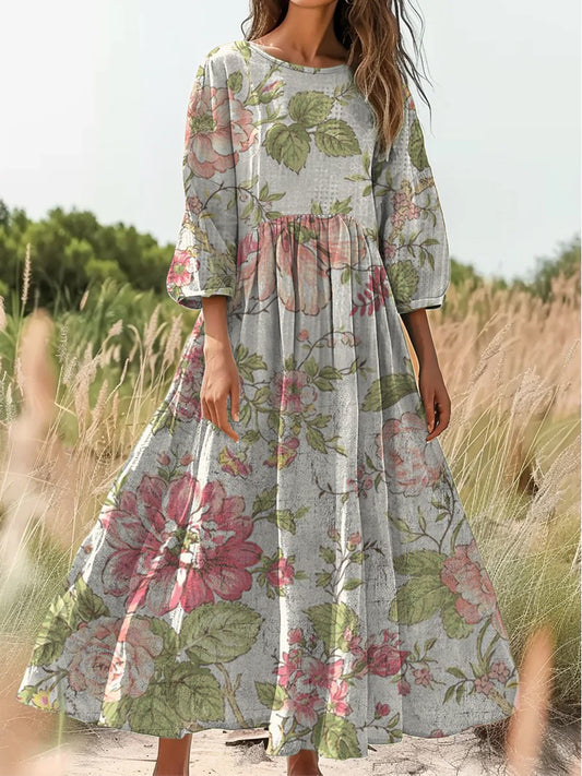 Retro Boho kwiatowy nadruk Vintage chic okrągły dekolt Bawełniana sukienka midi z długim rękawem