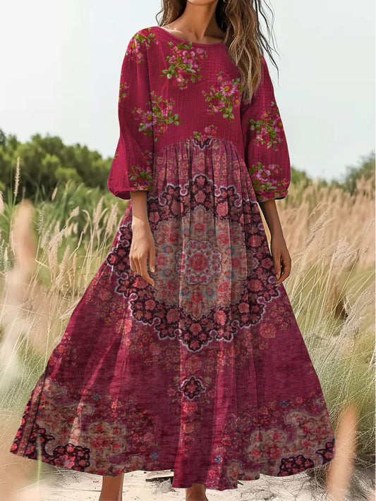 Retro Boho kwiatowy nadruk Vintage chic okrągły dekolt Bawełniana sukienka midi z długim rękawem