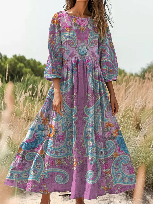 Retro Boho kwiatowy nadruk Vintage chic okrągły dekolt Bawełniana sukienka midi z długim rękawem