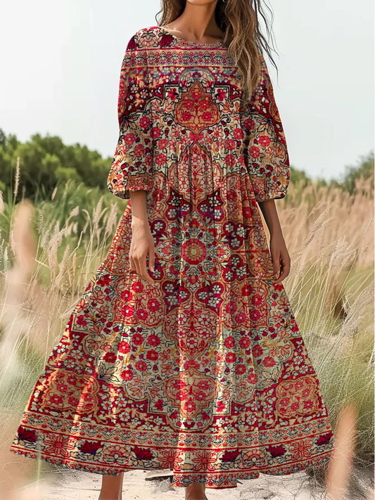 Retro Boho kwiatowy nadruk Vintage chic okrągły dekolt Bawełniana sukienka midi z długim rękawem