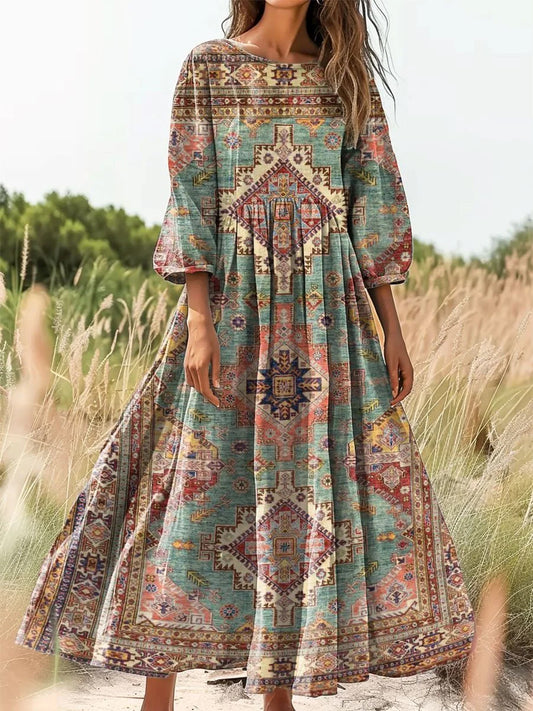 Retro Boho kwiatowy nadruk Vintage chic okrągły dekolt Bawełniana sukienka midi z długim rękawem