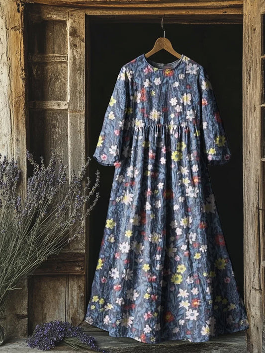 Retro Boho kwiatowy nadruk Vintage chic okrągły dekolt Bawełniana sukienka midi z długim rękawem