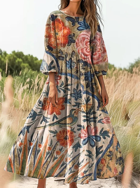 Retro Boho kwiatowy nadruk Vintage chic okrągły dekolt Bawełniana sukienka midi z długim rękawem