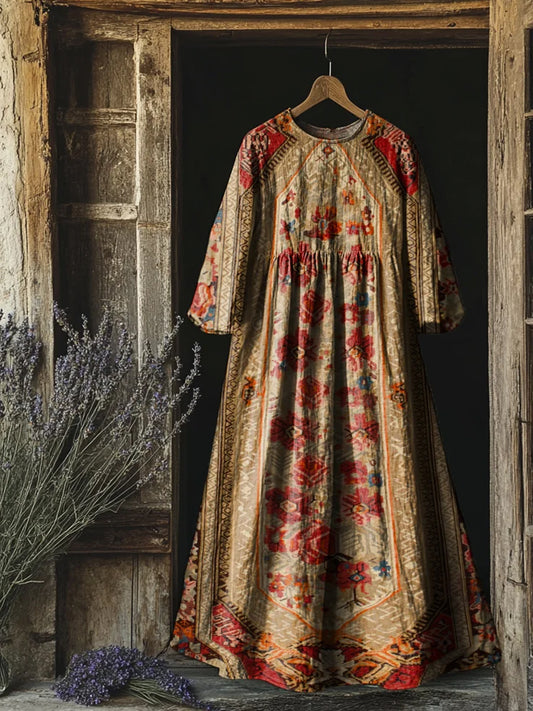 Retro Boho kwiatowy nadruk Vintage chic okrągły dekolt Bawełniana sukienka midi z długim rękawem