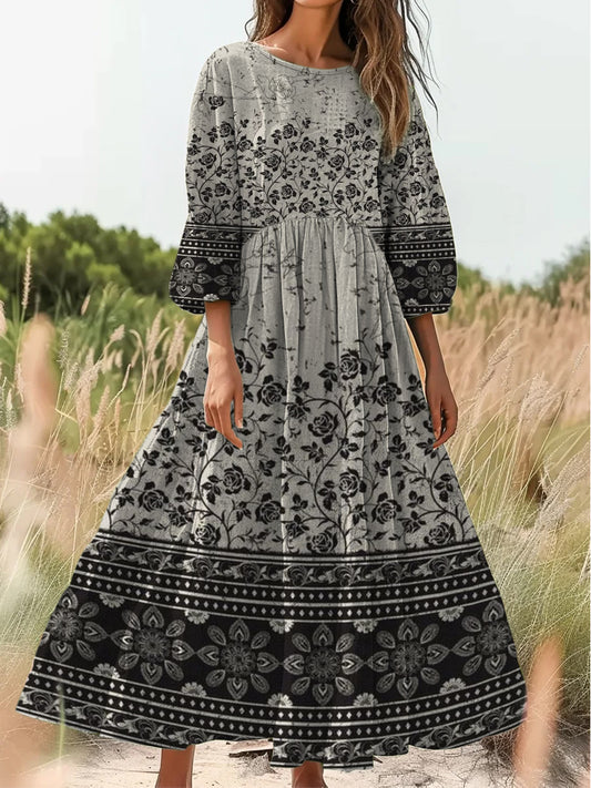 Retro Boho kwiatowy nadruk Vintage chic okrągły dekolt Bawełniana sukienka midi z długim rękawem