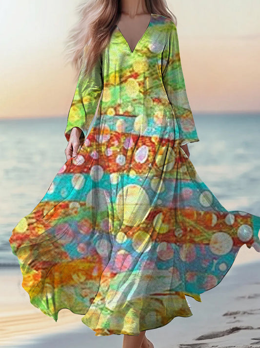 Retro boho kwiatowy nadruk w stylu vintage szyk w szpic bawełniana sukienka midi z długim rękawem