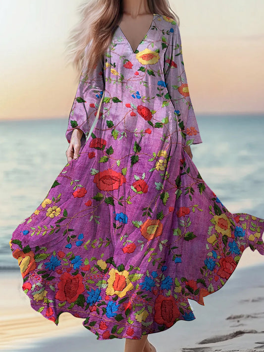 Retro boho kwiatowy nadruk w stylu vintage szyk w szpic bawełniana sukienka midi z długim rękawem