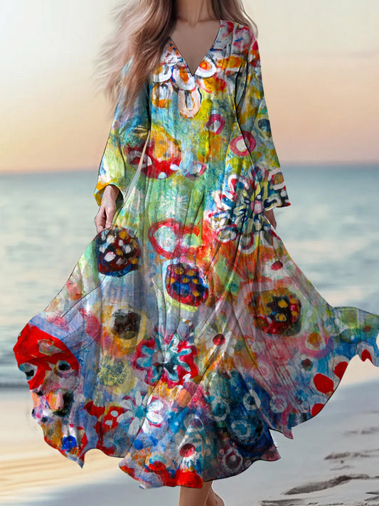 Retro boho kwiatowy nadruk w stylu vintage szyk w szpic bawełniana sukienka midi z długim rękawem