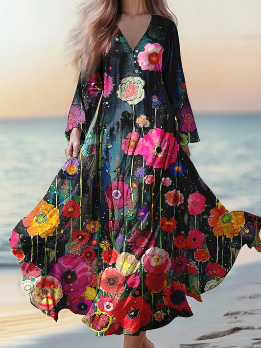 Retro boho kwiatowy nadruk w stylu vintage szyk w szpic bawełniana sukienka midi z długim rękawem