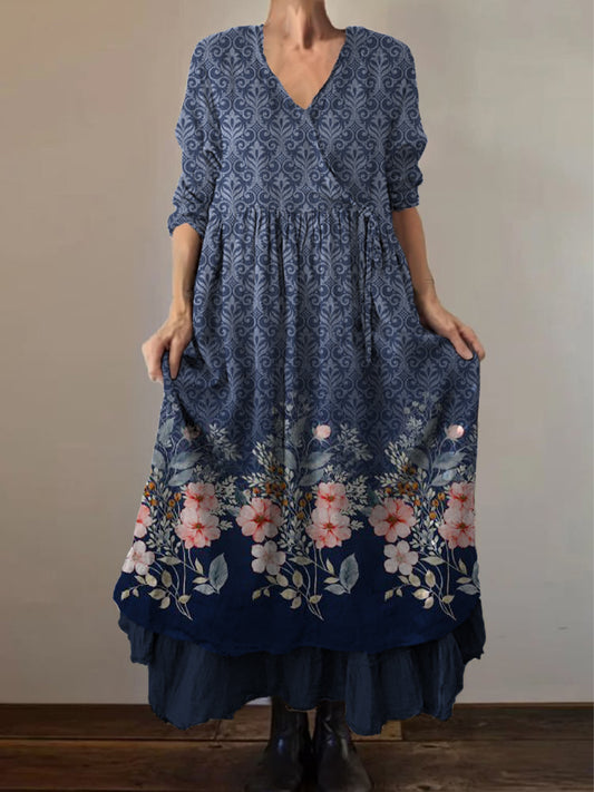 Retro Boho kwiatowy nadruk Vintage dekolt w szpic z podwójnym półrzędem bawełniana sukienka midi z długim rękawem