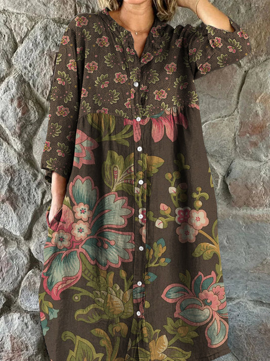 Retro Boho kwiatowy nadruk w stylu vintage szyk z dekoltem w szpic z długim rękawem sukienka midi