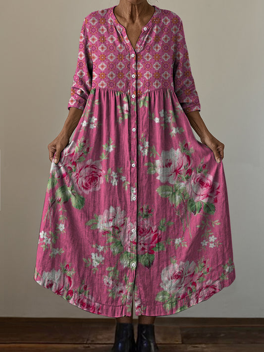 Retro Boho kwiatowy nadruk w stylu vintage szyk z dekoltem w szpic z długim rękawem sukienka midi