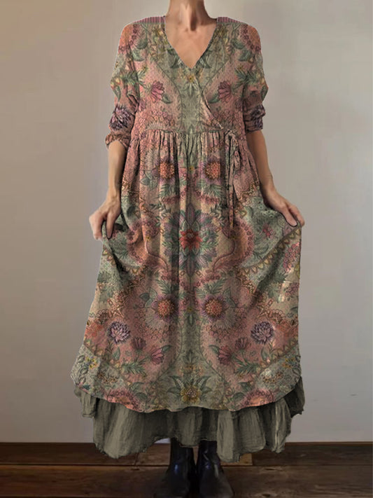 Retro Boho kwiatowy nadruk Vintage dekolt w szpic z podwójnym półrzędem bawełniana sukienka midi z długim rękawem