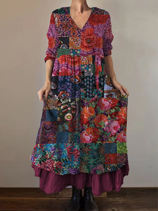 Retro Boho kwiatowy nadruk Vintage dekolt w szpic z podwójnym półrzędem bawełniana sukienka midi z długim rękawem