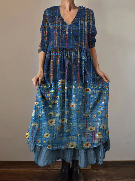 Retro Boho kwiatowy nadruk Vintage dekolt w szpic z podwójnym półrzędem bawełniana sukienka midi z długim rękawem