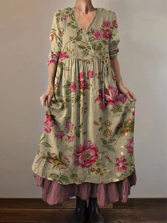 Retro Boho kwiatowy nadruk Vintage dekolt w szpic z podwójnym półrzędem bawełniana sukienka midi z długim rękawem