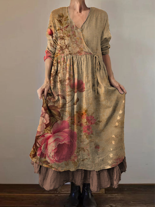 Retro Boho kwiatowy nadruk Vintage dekolt w szpic z podwójnym półrzędem bawełniana sukienka midi z długim rękawem