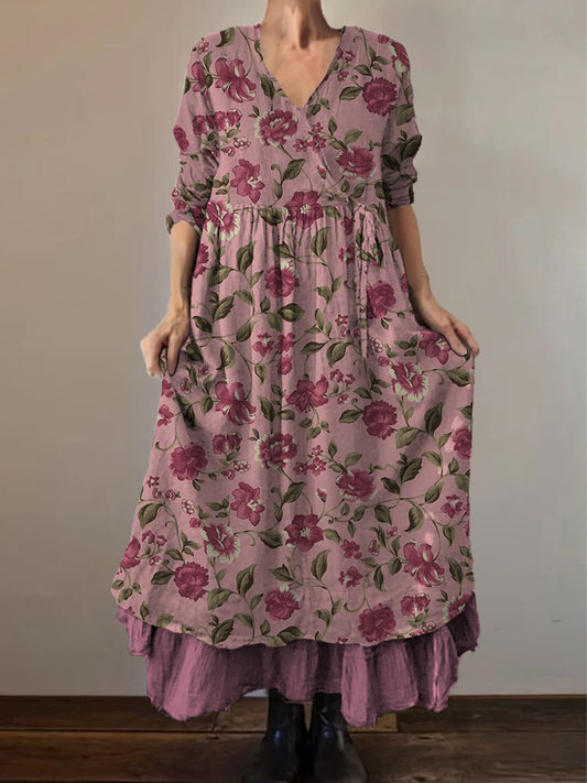 Retro Boho kwiatowy nadruk Vintage dekolt w szpic z podwójnym półrzędem bawełniana sukienka midi z długim rękawem