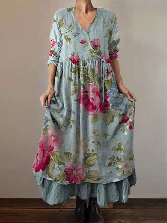 Retro Boho kwiatowy nadruk Vintage dekolt w szpic z podwójnym półrzędem bawełniana sukienka midi z długim rękawem