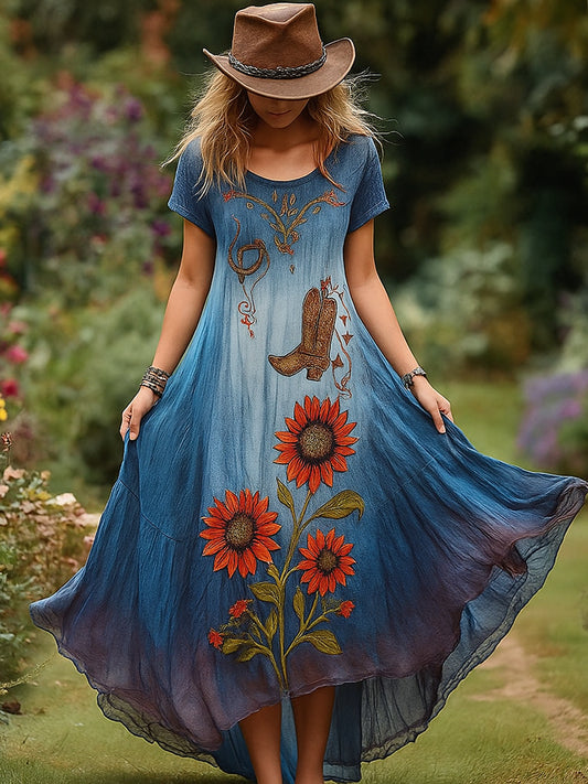 Retro kwiatowy nadruk w stylu vintage okrągły dekolt z krótkimi rękawami bawełniana sukienka maxi