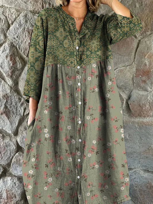 Retro Boho kwiatowy nadruk w stylu vintage szyk z dekoltem w szpic z długim rękawem sukienka midi