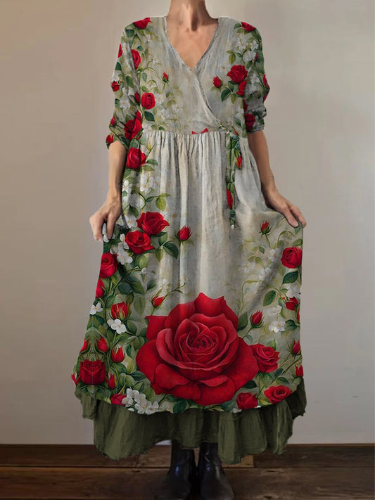 Retro Boho kwiatowy nadruk Vintage dekolt w szpic z podwójnym półrzędem bawełniana sukienka midi z długim rękawem