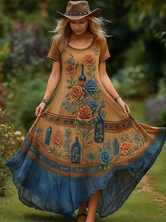 Retro kwiatowy nadruk w stylu vintage okrągły dekolt z krótkimi rękawami bawełniana sukienka maxi