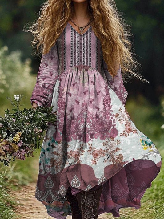 Retro Boho kwiatowy nadruk Vintage szyk w szpic Bawełniana sukienka midi z długim rękawem