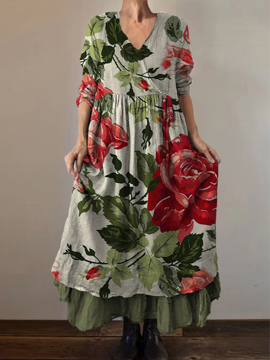 Retro Boho kwiatowy nadruk Vintage dekolt w szpic z podwójnym półrzędem bawełniana sukienka midi z długim rękawem