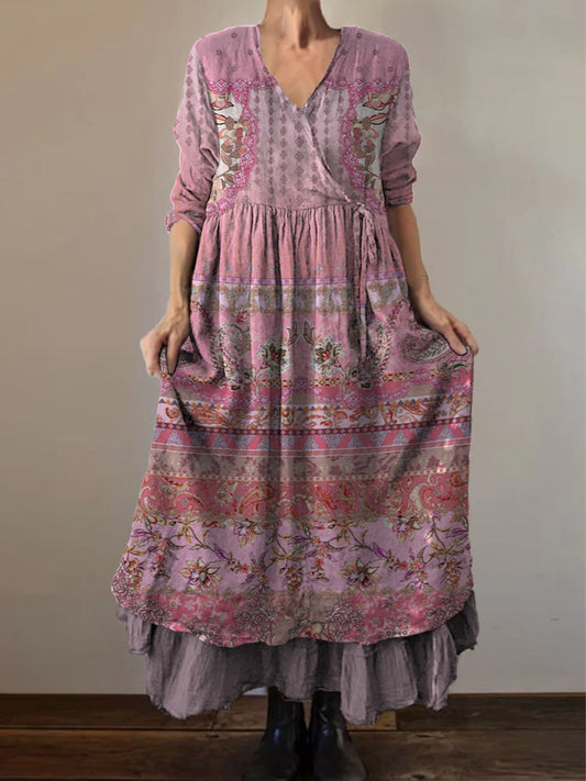 Retro Boho kwiatowy nadruk Vintage dekolt w szpic z podwójnym półrzędem bawełniana sukienka midi z długim rękawem