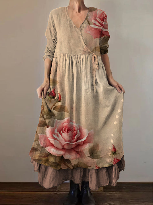 Retro Boho kwiatowy wzór etniczny Vintage dekolt w szpic z podwójnym oborkiem bawełniana sukienka midi z długim rękawem