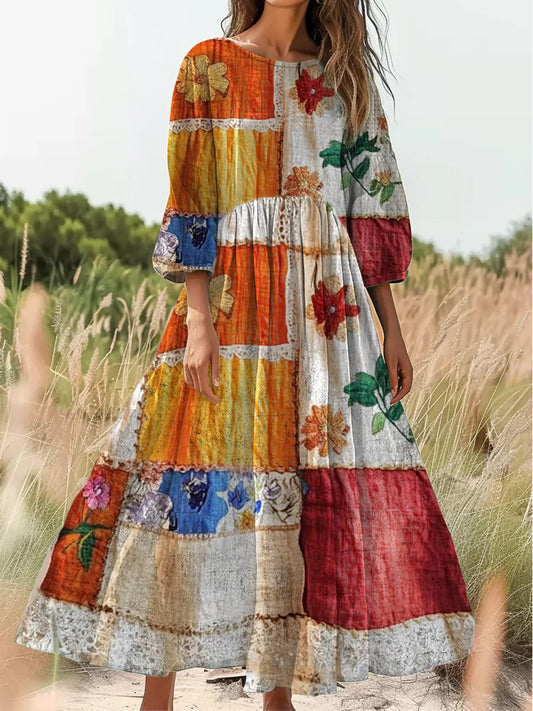 Retro aplikacja Boho w stylu vintage chic z okrągłym dekoltem bawełniana sukienka midi z długim rękawem