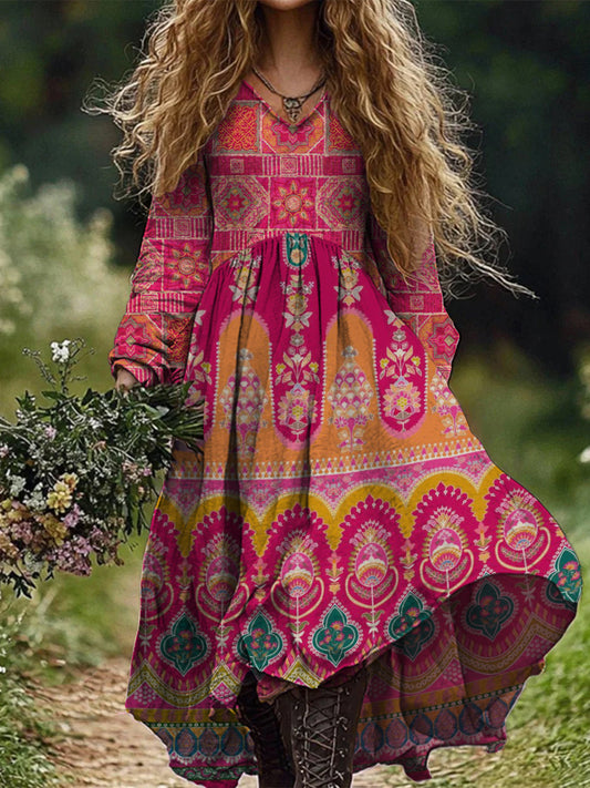 Retro Boho kwiatowy nadruk Vintage szyk w szpic Bawełniana sukienka midi z długim rękawem