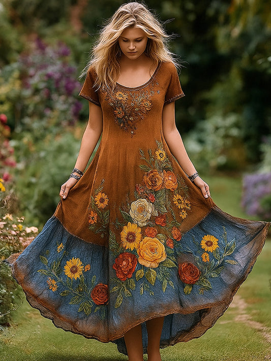 Retro kwiatowy nadruk w stylu vintage okrągły dekolt z krótkimi rękawami bawełniana sukienka maxi