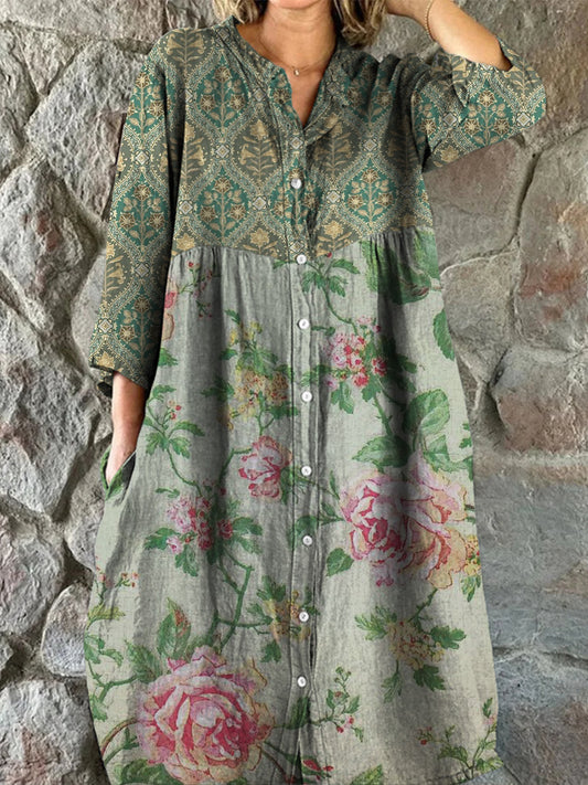 Retro Boho kwiatowy nadruk w stylu vintage szyk z dekoltem w szpic z długim rękawem sukienka midi