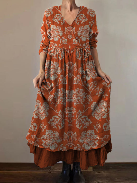 Retro Boho kwiatowy nadruk Vintage dekolt w szpic z podwójnym półrzędem bawełniana sukienka midi z długim rękawem