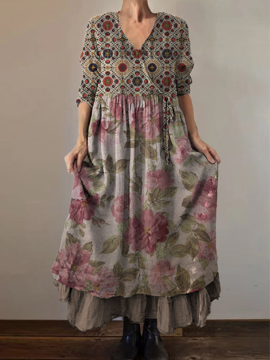 Retro Boho kwiatowy nadruk Vintage dekolt w szpic z podwójnym półrzędem bawełniana sukienka midi z długim rękawem