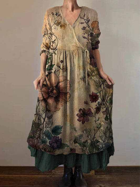 Retro Boho kwiatowy nadruk Vintage dekolt w szpic z podwójnym półrzędem bawełniana sukienka midi z długim rękawem