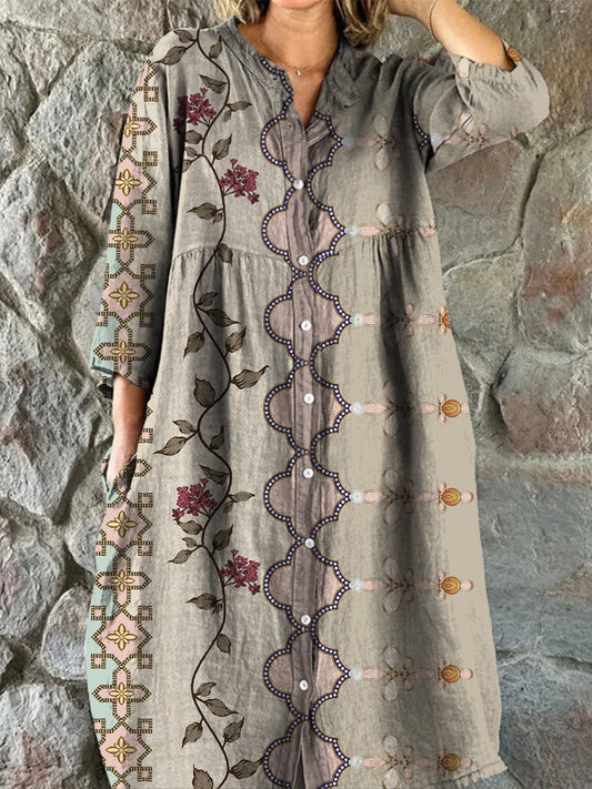 Retro Boho kwiatowy nadruk w stylu vintage szyk z dekoltem w szpic z długim rękawem sukienka midi