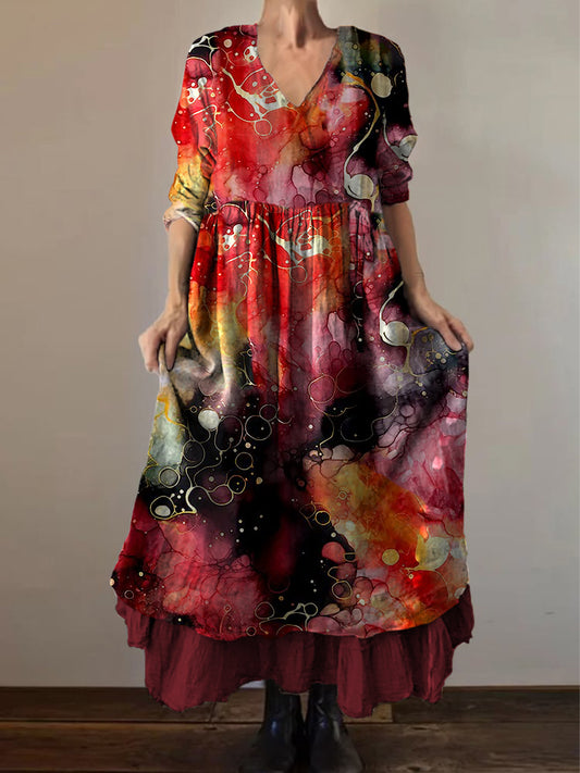 Retro Boho kwiatowy nadruk Vintage dekolt w szpic z podwójnym półrzędem bawełniana sukienka midi z długim rękawem