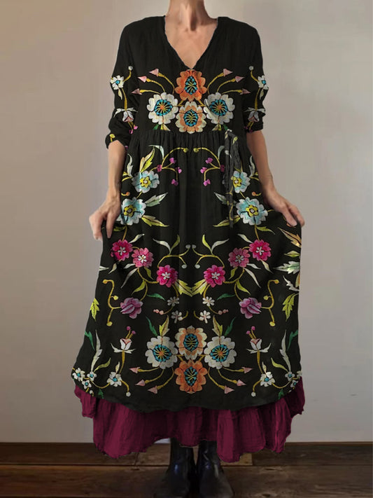 Retro Boho kwiatowy nadruk Vintage dekolt w szpic z podwójnym półrzędem bawełniana sukienka midi z długim rękawem