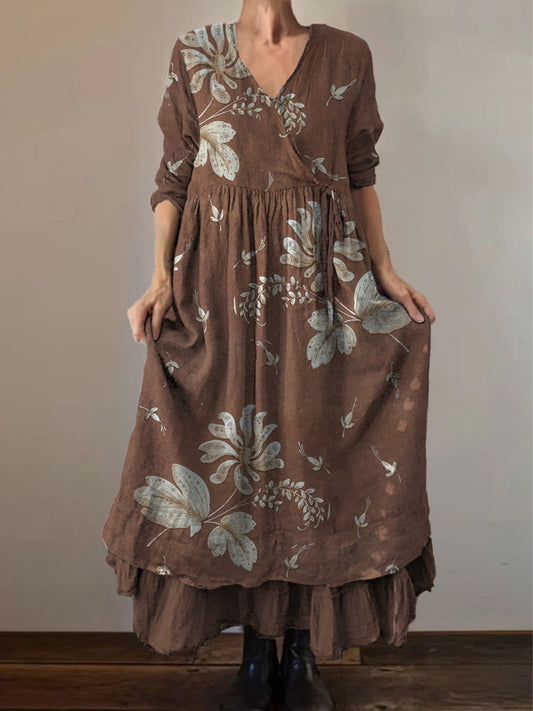 Retro Boho kwiatowy nadruk Vintage dekolt w szpic z podwójnym półrzędem bawełniana sukienka midi z długim rękawem