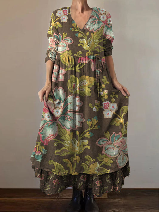 Retro Boho kwiatowy nadruk Vintage dekolt w szpic z podwójnym półrzędem bawełniana sukienka midi z długim rękawem