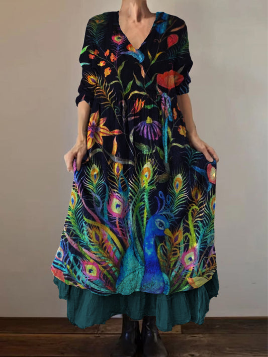 Retro Boho kwiatowy nadruk Vintage dekolt w szpic z podwójnym półrzędem bawełniana sukienka midi z długim rękawem