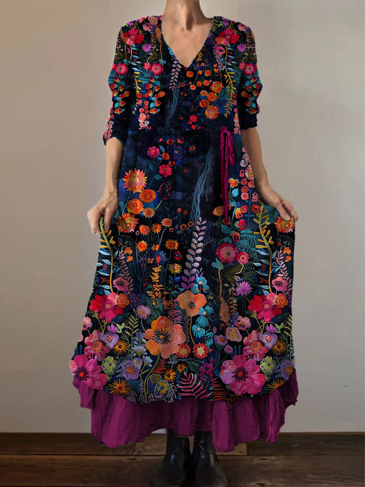 Retro Boho kwiatowy nadruk Vintage dekolt w szpic z podwójnym półrzędem bawełniana sukienka midi z długim rękawem